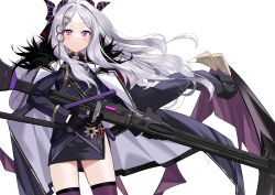 1girl absurdres black_gloves blue_archive blush closed_mouth coat coat_on_shoulders cowboy_shot demon_horns demon_wings fur-trimmed_coat fur_trim gloves gun hair_ornament hairclip highres hina_(blue_archive) holding holding_gun holding_weapon horns jacket oversized_wings long_coat long_hair long_sleeves looking_at_viewer machine_gun mg42 military military_jacket military_uniform multiple_horns parted_bangs pencil_skirt purple_coat purple_eyes purple_jacket purple_thighhighs shiromoca side_slit simple_background skirt solo thighhighs trigger_discipline weapon white_background white_hair wings