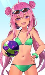 1girl ahoge ball bemani bikini blue-framed_eyewear breasts collarbone cowboy_shot double_bun eyewear_on_head fang grace_(sound_voltex) grace_(yumebuki)_(sound_voltex) green_bikini hair_bun halterneck highres holding holding_ball long_hair looking_at_viewer low_twintails navel open_mouth pink_eyes pink_hair small_breasts smile solo sound_voltex sunglasses swimsuit twintails very_long_hair yashirinda
