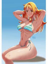 1girl absurdres areola_slip ass bikini breasts curvy hand_in_own_hair highleg highleg_bikini highres large_areolae large_breasts long_hair mavrii nami_(one_piece) one_piece orange_eyes orange_hair shiny_skin signature simple_background sitting smile solo swimsuit thong thong_bikini wide_hips