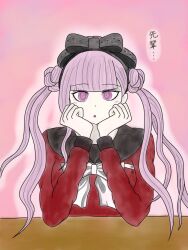 1girl black_bow black_hairband black_headband bow eyelashes female_focus hair_bow hairband headband long_hair looking_at_viewer matching_hair/eyes open_mouth pink_background pink_eyes pink_hair solo solo_focus the_hundred_line_-last_defense_academy- tsukumo_kako twintails upper_body