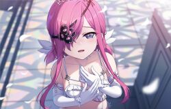 1girl blue_eyes bow bra breasts bridal_lingerie choker commission commissioner_upload elbow_gloves eyepatch falling_petals flat_chest flower_eyepatch gloves hair_over_eyes hair_over_one_eye highres indoors jewelry kazakiri_(senran_kagura) lace lace-trimmed_bra lace_trim light_blush lingerie long_sidelocks looking_at_viewer looking_up low_twintails non-web_source official_alternate_costume open_mouth petals pink_hair pov ring senran_kagura senran_kagura_new_link short_hair short_twintails sidelocks sion_(9117) skeb_commission small_breasts smile solo sparkle stained_glass tiara twintails underwear wedding wedding_ring white_bow white_bra white_choker white_gloves
