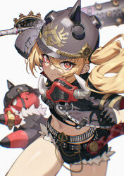 1girl absurdres baseball_bat black_gloves black_helmet black_jacket blonde_hair blurry boar brass_knuckles chyko combat_helmet commentary_request crop_top depth_of_field fur-trimmed_shorts fur_trim gloves half_gloves helmet highres holding holding_baseball_bat jacket long_hair looking_at_viewer luciana_de_montefio mask mask_around_neck metal_baseball_bat micro_shorts navel pickelhaube red_eyes respirator shorts side_ponytail solo_focus weapon white_background zenless_zone_zero