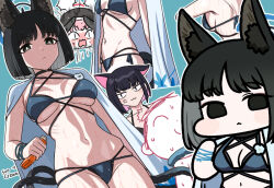 &lt;|&gt;_&lt;|&gt; 1boy 3girls :&lt; :3 anger_vein animal_ears bikini black_bikini black_choker black_hair blue_archive blunt_ends breasts bright_pupils cat_ears cat_tail choker commentary_request doodle_sensei_(blue_archive) groin halo haori japanese_clothes jazz_jack kazusa_(blue_archive) kikyou_(blue_archive) kikyou_(swimsuit)_(blue_archive) koharu_(blue_archive) looking_at_another lotion medium_breasts multiple_girls multiple_tails multiple_views navel nervous_sweating official_alternate_costume outline pink_hair ribs sensei_(blue_archive) side-tie_bikini_bottom skindentation stomach sunscreen sweat swimsuit tail tail_wrap underboob white_outline white_pupils