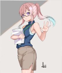 1girl airani_iofifteen alternate_costume alternate_hairstyle blue_hair blue_shirt breasts brown_skirt commentary cowboy_shot english_commentary glasses gradient_hair grey_background holding holding_paper hololive hololive_indonesia long_hair long_sidelocks looking_at_viewer medium_breasts miniskirt multicolored_hair office_lady paper parted_lips pencil_skirt pink_hair ponytail purple_eyes salute shirt side_slit sidelocks skirt sleeveless sleeveless_turtleneck solo sundajin_asagi turtleneck turtleneck_shirt virtual_youtuber vulcan_salute