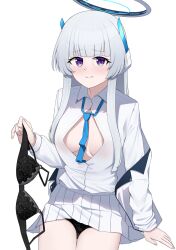Rule 34 | 1girl, between breasts, black bra, black panties, blue archive, blue necktie, blunt bangs, bra, breasts, closed mouth, collared shirt, cowboy shot, halo, headgear, highres, holding, holding bra, holding underwear, holding unworn clothes, jacket, jacket partially removed, looking at viewer, mechanical halo, necktie, necktie between breasts, noa (blue archive), open clothes, open shirt, panties, partially unbuttoned, pleated skirt, purple eyes, shirt, sidelocks, skirt, solo, underwear, unworn bra, watakaze, white background, white hair, white jacket, white shirt