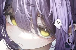 1girl =_hair_ornament close-up closed_mouth ghost_hair_ornament hair_between_eyes hair_ornament highres light_blush looking_at_viewer minto_(minto_rururu) purple_hair shinomiya_runa solo virtual_youtuber vspo! x_hair_ornament yellow_eyes