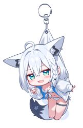 Rule 34 | 1girl, ahoge, animal ears, bikini, breasts, chibi, cleavage, commentary request, deformed, fox ears, fox girl, fox shadow puppet, full body, highres, hololive, jacket, jacket over swimsuit, long hair, open clothes, open jacket, shirakami fubuki, side-tie bikini bottom, simple background, solo, swimsuit, verdey, virtual youtuber, white background, white bikini, white hair, white jacket