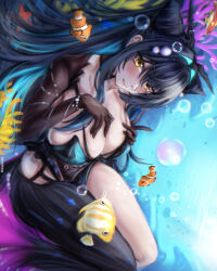 1girl absurdres accessories aqua_hair backless_bodysuit bare_shoulders black_bodysuit black_hair blue_hair bodysuit breasts bubble bubble_hair_ornament cleavage colored_inner_hair colycycle fish flower-shaped_hair folded_hair gloves goddess_of_victory:_nikke hair_intakes halterneck harmony&#039;s_clownfish_(splatoon) highres large_breasts little_mermaid_(nikke) long_hair looking_at_viewer multicolored_hair see-through_bodysuit see-through_cleavage see-through_clothes solo twintails underwater very_long_hair yellow_eyes