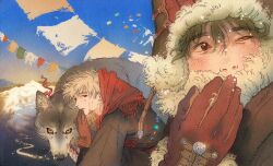 2boys alternate_universe animal bakugou_katsuki beads blonde_hair blush boku_no_hero_academia brown_eyes brown_hair coat commentary english_commentary fur-trimmed_headwear fur_trim glove_in_mouth gloves hat highres hood long_sleeves looking_at_viewer male_focus midoriya_izuku mountainous_horizon mouth_hold multiple_boys one_eye_closed outdoors red_eyes scarf selfie short_hair sky snow upper_body vinsenta winter winter_clothes wolf