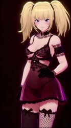 1girl ai-generated ani_(xai) animated asymmetrical_legwear bad_tag bare_shoulders black_background black_bra black_choker black_gloves black_panties black_thighhighs blonde_hair blue_eyes blush bra breasts choker cleavage closed_mouth cowboy_shot dress fishnet_thighhighs fishnets gloves grok grok_(x) grok_(xai) hand_on_own_hip lace lingerie long_hair looking_at_viewer medium_breasts medium_hair navel panties see-through_clothes simple_background smile solo standing tagme thighhighs twintails underboob underwear underwear_only vaamos video