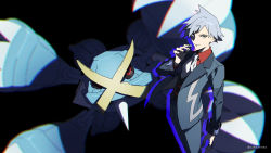 1boy blurry closed_mouth collared_shirt commentary fingernails gen_3_pokemon grey_background grey_eyes grey_hair grey_jacket hand_up highres holding jacket jewelry long_sleeves male_focus mega_metagross mega_pokemon metagross nintendo pokemon pokemon_(creature) pokemon_masters_ex ring shirt spiked_hair steven_stone white_neckwear xia_(ryugo)