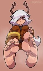 Rule 34 | 1girl, animal ears, antlers, barefoot, highres, horns, knees, reathroch, simple background, spooky&#039;s house of jump scares, steaming body, sweat, tail, tirsiak, white hair