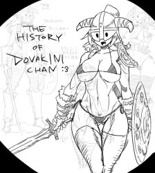 bikini breasts cleavage dovahkiin dovakini-chan_(nisetanaka) fake_horns fur_gloves helmet holding holding_shield holding_sword holding_weapon horned_helmet large_breasts micro_bikini nisetanaka ponytail shield side-tie_bikini_bottom sketch swimsuit sword the_elder_scrolls the_elder_scrolls_v:_skyrim thighhighs weapon