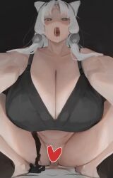 1girl :o animal_ears bad_id bad_twitter_id beads black_background black_bra black_panties bra breasts censored cleavage collarbone commentary_request cowgirl_position grey_eyes hair_beads hair_ornament heart heart-shaped_pupils heart_censor highres huge_breasts inactive_account long_hair open_mouth oruka_(kamituki0827) panties panties_around_leg parted_bangs penis sex solo_focus squatting straddling symbol-shaped_pupils teeth touhoku_itako underwear vaginal voiceroid white_hair