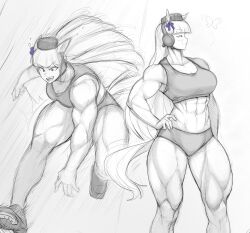 1girl abs alternate_muscle_size animal_ears breasts bug butterfly gold_ship_(umamusume) hair_ribbon hand_on_own_hip hat highres horse_ears horse_girl horse_tail insect large_breasts motion_lines muscular muscular_female pillbox_hat purple_ribbon red_eyes ribbon shoes shorts sketch smile sneakers solo speed_lines tail tank_top umamusume white_background zeph505