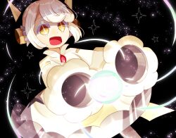 1girl android cookie_run cookie_run:_kingdom dress holographic_ears humanization long_sleeves looking_at_viewer open_mouth pudding_a_la_mode_cookie pudding_hair_ornament red_brooch short_hair simple_background sleeves_past_fingers sleeves_past_wrists smile strawberry_brooch town111 white_dress