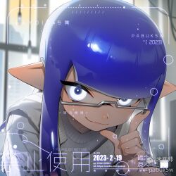 1girl 2023 adjusting_eyewear artist_name blue_pupils blunt_bangs closed_mouth dated glasses grey-framed_eyewear highres index_finger_raised inkling inkling_girl inkling_player_character long_hair long_pointy_ears looking_at_viewer mihuashi_logo nintendo pabuk5w pointy_ears portrait purple_hair semi-rimless_eyewear smile solo splatoon_(series) sweater sweater_vest tentacle_hair torn_clothes torn_sweater_vest under-rim_eyewear watermark web_address weibo_username white_eyes white_sweater white_sweater_vest