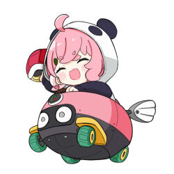 1girl :d ^_^ ahoge animal_ears animal_hood blush_stickers chibi closed_eyes commentary_request earrings fake_animal_ears highres hood hood_up hooded_jacket jacket jewelry long_sleeves mario_(series) mario_kart mole mole_under_eye multicolored_hair nijisanji nintendo nozo_(hitomiz) open_mouth panda_ears panda_hood puffy_long_sleeves puffy_sleeves red_shell_(mario) sasaki_saku sasaki_saku_(1st_costume) simple_background smile solo streaked_hair virtual_youtuber white_background white_hair white_jacket