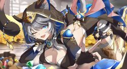 Rule 34 | 1girl, ;o, absurdres, animal ear fluff, animal ears, animal hood, black gloves, black leotard, blue eyes, boots, breasts, cat ears, cat girl, cat hood, cat tail, cipher (honkai: star rail), commentary request, fang, fingerless gloves, gloves, gold boots, gold necklace, high heel boots, high heels, highres, holding, holding with tail, honkai: star rail, honkai (series), hood, hooded leotard, incredibly absurdres, indoors, jewelry, korean commentary, large breasts, leotard, looking at viewer, mole, mole on breast, necklace, one eye closed, prehensile tail, short hair with long locks, shorts, sinigo01, solo, tail, top-down bottom-up, treasure, white shorts, yellow nails
