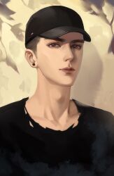 Rule 34 | 1boy, against wall, asian, baseball cap, black hat, black shirt, brown eyes, brown hair, chinese commentary, closed mouth, commentary request, day, earrings, expressionless, eyelashes, gu fei (sa ye), hat, jewelry, leaf, male focus, nostrils, outdoors, pink lips, plant, realistic, sa ye, shadow, shirt, short hair, solo, stud earrings, thick eyebrows, thick lips, upper body, vines, ye dian pikaqiu