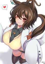 1girl agnes_tachyon_(umamusume) ahoge alternate_legwear animal_ears black_necktie black_panties black_shirt blush breasts brown_hair brown_thighhighs cardigan closed_mouth coat commentary_request feet_out_of_frame hair_between_eyes heart highres hisagi_(hisagi00) horse_ears horse_girl horse_tail large_breasts looking_at_viewer medium_hair necktie no_pants open_clothes open_coat panties shirt simple_background sleeves_past_fingers sleeves_past_wrists smile solo spoken_heart tail thighhighs umamusume underwear white_background white_coat yellow_cardigan