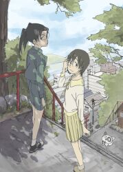 2girls adjusting_eyewear amasawa_yuuko arms_at_sides asuparagasu_god black_hair black_shoes blue_sky brown_eyes brown_hair building city closed_mouth dappled_sunlight day dennou_coil densuke_(dennou_coil) dog facing_away frown glasses green_skirt highres hill jacket light_frown long_hair looking_at_viewer looking_down multiple_girls okonogi_yuuko outdoors pleated_skirt railing shirt shoes short_hair skirt sky sneakers stairs standing sunlight torii tree twintails utility_pole white_shirt yellow_skirt