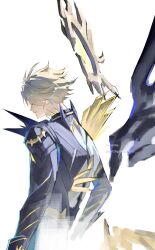 1boy alternate_form back blonde_hair bluesky_username closed_mouth cracked_skin halo halo_behind_head highres honkai:_star_rail honkai_(series) male_focus material_growth neglow phainon_(honkai:_star_rail) short_hair simple_background solo twitter_username upper_body white_background yellow_blood yellow_eyes yellow_halo