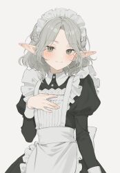 1boy alternate_costume androgynous apron black_dress blush braid collared_dress crossdressing dress dungeon_meshi elf enmaided frilled_apron frills grey_eyes grey_hair half_up_braid highres juliet_sleeves long_sleeves looking_at_viewer maid maid_apron maid_headdress male_focus male_maid mayomayoland medium_hair mithrun mithrun_(young) pointy_ears puffy_sleeves simple_background smile solo trap upper_body wavy_hair white_apron white_background