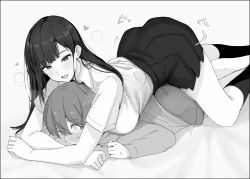 1boy 1girl assertive_female blunt_bangs blush collared_shirt dry_humping female_humping_male greyscale hair_strand humping long_hair looking_at_viewer lying messy_hair mobu monochrome on_stomach open_mouth original school_uniform shirt short_sleeves shorts shota skirt smile socks thighs white_background