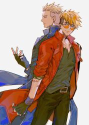 2boys arm_up belt belt_buckle black_belt black_gloves black_hair black_pants black_shirt blonde_hair blue_coat blue_eyes brothers buckle chiyo_(miichiyochin) closed_mouth coat collared_coat commentary cosplay dante_(devil_may_cry) dante_(devil_may_cry)_(cosplay) devil_may_cry devil_may_cry_(series) devil_may_cry_3 english_commentary fingerless_gloves floating_clothes frown glasses gloves highres light_smile looking_to_the_side male_focus millions_knives multicolored_hair multiple_boys multiple_scars orange-tinted_eyewear pants popped_collar red_coat rimless_eyewear scar scar_on_arm scar_on_chest shirt shirt_partially_tucked_in short_sideburns siblings sideways_glance simple_background standing tinted_eyewear trigun trigun_stampede twins two-tone_hair vash_the_stampede vergil_(devil_may_cry) vergil_(devil_may_cry)_(cosplay) white_background