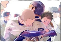 Rule 34 | 3boys, ace of diamond, amahisa kousei, back, baseball, baseball glove, baseball helmet, baseball jersey, baseball uniform, black hair, border, brown hair, closed eyes, compression shirt, crying, goggles, group hug, helmet, hinota, hug, jersey, kuramochi youichi, long sleeves, male focus, miyuki kazuya, multiple boys, sanada shunpei, shirt, short hair, simple background, sportswear, sweat, tears, very short hair, white border