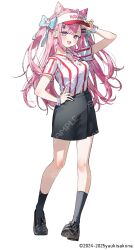 1girl :d adjusting_clothes adjusting_headwear ahoge animal_ear_fluff animal_ears arm_up bandaid bandaid_hair_ornament black_shoes black_skirt black_socks blue_bow blue_hair bow cat_ears cat_girl collared_shirt commentary_request extra_ears fish_hair_ornament full_body hair_bow hair_ornament hairclip hand_on_own_hip hat highres indie_virtual_youtuber long_hair looking_at_viewer miniskirt multicolored_hair nekoyashiki_pushio official_art open_mouth pencil_skirt pink_hair purple_eyes red_hat sample_watermark shirt shoes short_sleeves simple_background skirt smile socks solo standing streaked_hair striped_clothes striped_shirt two_side_up vertical-striped_clothes vertical-striped_shirt virtual_youtuber visor_cap watermark white_background white_shirt wrist_cuffs yuuki_sakuna