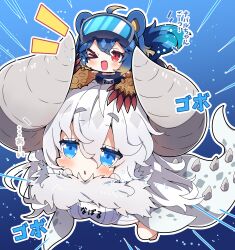 Rule 34 | &gt; o, 2girls, :&lt;, absurdres, ahoge, arzuros, blue hair, blue one-piece swimsuit, blush, breasts, brown hair, ceadeus, chibi, commentary request, day, goggles, goggles on head, gradient hair, grey hair, hair between eyes, highres, horns, large breasts, milkpanda, monster hunter (series), multicolored hair, multiple girls, notice lines, one-piece swimsuit, one eye closed, outdoors, outline, parted lips, personification, red eyes, short eyebrows, swimsuit, tail, thick eyebrows, translation request, triangle mouth, underwater, water, white one-piece swimsuit, white outline