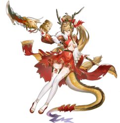 1girl aged_up ahoge ark_order asymmetrical_sleeves bamboo_steamer blonde_hair bow braid breasts bridal_gauntlets center_opening dragon_horns dragon_tail dragon_wings feathered_wings flats food full_body gloves gold_trim hair_bow high_ponytail highres holding holding_polearm holding_weapon horns large_breasts leg_ribbon long_hair long_sleeves looking_at_viewer low-tied_long_hair mismatched_sleeves official_art parted_lips polearm ponytail pppppan puffy_long_sleeves puffy_sleeves red_bow red_footwear red_gloves red_ribbon red_shirt red_skirt ribbon shirt skirt solo steamed_bun tachi-e tail thigh_ribbon thighhighs transparent_background very_long_hair weapon white_shirt white_thighhighs white_wings wide_sleeves wings yellow_eyes yinglong_(ark_order)