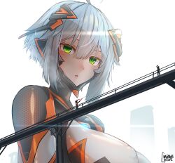 Rule 34 | 1girl, absurdres, ahoge, artist name, blush, bodysuit, breasts, city, colossus (natsukaze shigure), covered erect nipples, giant, giantess, green eyes, grey hair, hair between eyes, headgear, highres, impossible bodysuit, impossible clothes, large breasts, looking at viewer, natsukaze shigure, open mouth, original, science fiction, short hair, solo focus, train, white background, white hair