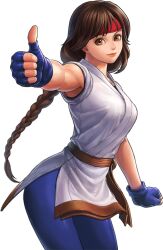 1girl braid braided_ponytail breasts brown_eyes brown_hair dougi female_focus headband karate_gi large_breasts leaning_forward leather leggings long_hair looking_at_viewer pale_skin pants smile standing the_king_of_fighters thighs thumbs_up wide_hips yoga_pants yuri_sakazaki