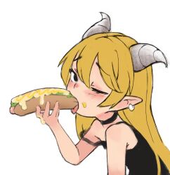 Rule 34 | 1girl, bare shoulders, black choker, black dress, blonde hair, choker, dress, earrings, eating, female focus, food, holding, holding food, horns, hot dog, jewelry, long hair, one eye closed, original, pointy ears, qtkat, sexually suggestive, simple background, sleeveless, sleeveless dress, solo, strap slip, tongue, tongue out, white background, white horns
