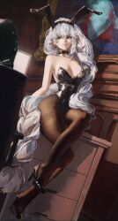 Rule 34 | 1girl, 1other, absurdres, alternate costume, alternate hairstyle, animal ears, arknights, bare arms, bare shoulders, black choker, black leotard, black pantyhose, black shoes, braid, breasts, chair, choker, cleavage, closed mouth, collarbone, commentary, crossed legs, doctor (arknights), ear piercing, earrings, fake animal ears, gandy (gan3e46), hair between eyes, high heels, highres, indoors, jewelry, large breasts, legs, leotard, long braid, long hair, looking at another, monitor, on table, paint, pantyhose, piercing, playboy bunny, rabbit ears, red eyes, red lips, shoes, single braid, sitting, specter (arknights), table, thighs, very long hair, white hair