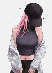 1girl baseball_cap black_hair black_hat black_pants breasts grey_background hat headphones headphones_around_neck highres hololive hololive_english jacket large_breasts mori_calliope multicolored_hair navel pants simple_background sleeveless sleeveless_turtleneck solo streaked_hair sweatpants turtleneck unmeidesu virtual_youtuber white_jacket