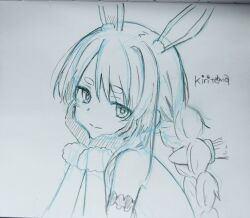 Rule 34 | 1girl, animal ear fluff, animal ears, bare shoulders, braid, carrot hair ornament, closed mouth, commentary request, food-themed hair ornament, fur-trimmed gloves, fur trim, gloves, hair ornament, hands up, highres, hololive, kiritoma, long hair, looking at viewer, photo (medium), rabbit ears, short eyebrows, single hair intake, sketch, solo, thick eyebrows, traditional media, upper body, usada pekora, usada pekora (1st costume), virtual youtuber