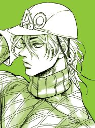 Rule 34 | 1boy, argyle clothes, argyle sweater, diego brando, gloves, green background, green theme, hand on own head, hat, jojo no kimyou na bouken, male focus, merumeru626, monochrome, profile, solo, steel ball run, sweater, turtleneck