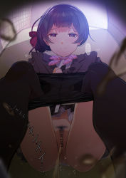 ... 1girl absurdres amatsu_amaguri anus bar_censor black_hair censored cleft_of_venus closed_mouth female_pubic_hair from_below hair_ribbon highres idolmaster idolmaster_shiny_colors morino_rinze panties panty_pull panty_tag pee peeing peeing_on_viewer peeking pubic_hair purple_eyes pussy ribbon school_uniform serafuku short_hair solo squatting tag thighhighs translation_request underwear voyeurism wet_lens