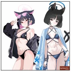 2girls absurdres alternate_costume animal_ear_fluff animal_ears bikini black_bikini black_choker black_eyes black_hair black_jacket black_nails blue_archive blue_bikini blue_haori blunt_ends blush breasts cat_ears cat_girl cat_tail choker closed_mouth colored_inner_animal_ears colored_inner_hair extra_ears eyewear_on_head haori highres jacket japanese_clothes kazusa_(blue_archive) kikyou_(blue_archive) kikyou_(swimsuit)_(blue_archive) looking_at_viewer melissa_v2 multicolored_hair multiple_girls multiple_tails official_alternate_costume parted_bangs pink-tinted_eyewear pink_eyes pink_hair short_hair single_bare_shoulder smile sunglasses swimsuit tail tinted_eyewear two-tone_hair two_tails v
