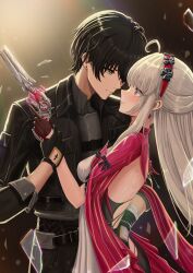 1boy 1girl absurdres ahoge bandaged_hand bandages black_gloves black_hair black_jacket blush breasts broken_glass carlotta_(wuthering_waves) closed_mouth collared_jacket commentary commonalty dress earrings embarrassed glass gloves gun hairband highres holding holding_another&#039;s_wrist holding_gun holding_weapon jacket jewelry looking_at_another male_rover_(wuthering_waves) medium_breasts pink_hairband pink_jacket rover_(wuthering_waves) sidelocks smile tacet_mark_(wuthering_waves) upper_body weapon white_dress wuthering_waves yellow_eyes