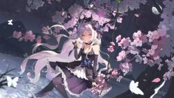 Rule 34 | 1girl, bare shoulders, black pantyhose, blue archive, closed mouth, demon girl, demon horns, detached collar, detached sleeves, dress, grey hair, halo, highres, hina (blue archive), horns, long hair, looking at viewer, on swing, pantyhose, purple dress, purple eyes, purple halo, solo, super h2o, swing