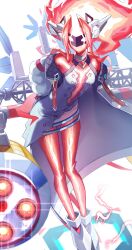 1girl bare_shoulders coat colored_skin commentary_request dress duel_monster electricity enmo_takeshita eye_mask full_body highres off_shoulder red_skin solo spright_elf white_background white_coat white_dress yu-gi-oh!