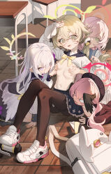 &lt;|&gt;_&lt;|&gt; 4girls @_@ absurdres azusa_(blue_archive) black_pantyhose black_wings blue_archive blue_sailor_collar blue_skirt breasts brown_eyes brown_hair character_backpack chinese_commentary classroom clothes_lift commentary_request desk feathered_wings grabbing_another&#039;s_breast grabbing_from_behind green_eyes green_halo groping halo hanako_(blue_archive) head_wings hifumi_(blue_archive) highres indoors kele_mimi koharu_(blue_archive) long_hair make-up_work_club_(blue_archive) multiple_girls navel nipples open_mouth pantyhose peroro_(blue_archive) pink_hair pink_halo purple_eyes sailor_collar school_desk shirt shirt_lift shoes skirt skirt_lift small_breasts sneakers twintails white_hair white_shirt white_shoes white_wings wings yellow_halo yuri