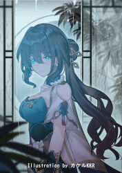 Rule 34 | 1girl, aqua eyes, artist name, black hair, breasts, cleavage, closed mouth, clothing cutout, earrings, film grain, from side, hair between eyes, highres, honkai: star rail, honkai (series), jewelry, large breasts, long hair, looking at viewer, missing commentary, multicolored hair, ruan mei (honkai: star rail), shoulder cutout, smile, solo, srpzk, streaked hair, upper body