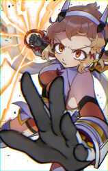 1girl absurdres black_gloves breasts breasts_apart brown_hair chromatic_aberration clenched_hand fighting_stance gloves hairband headphones highres jumpsuit medium_breasts orange_eyes orange_jumpsuit parted_lips seer042 senki_zesshou_symphogear short_hair signature solo tachibana_hibiki_(symphogear) v-shaped_eyebrows white_hairband
