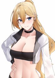 1girl absurdres black_choker black_tube_top blonde_hair blue_eyes breasts choker commentary_request durandal_(honkai_impact) hand_on_own_hip highres honkai_(series) honkai_impact_3rd jacket large_breasts long_hair navel pyeong_il simple_background solo stomach strapless tube_top upper_body white_background white_jacket